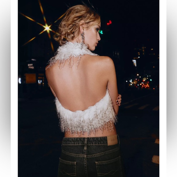 Zara Feathery Halter Crop Top in White and Brown - Picture 6 of 10